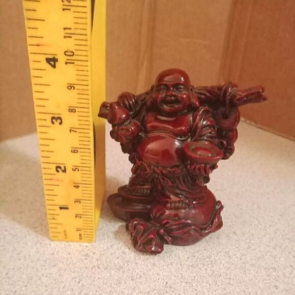 Buddha Cinabar Resin Red Happy Laughing Feng Shui Luck Figurine 3.75” - Picture 4 of 4